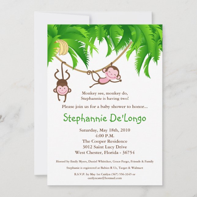 5x7 TWINS Monkey Jungle Baby Shower Invitation (Front)