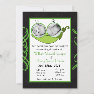 5x7  Twins Pea in a Pod  PHOTO Birth Announcement