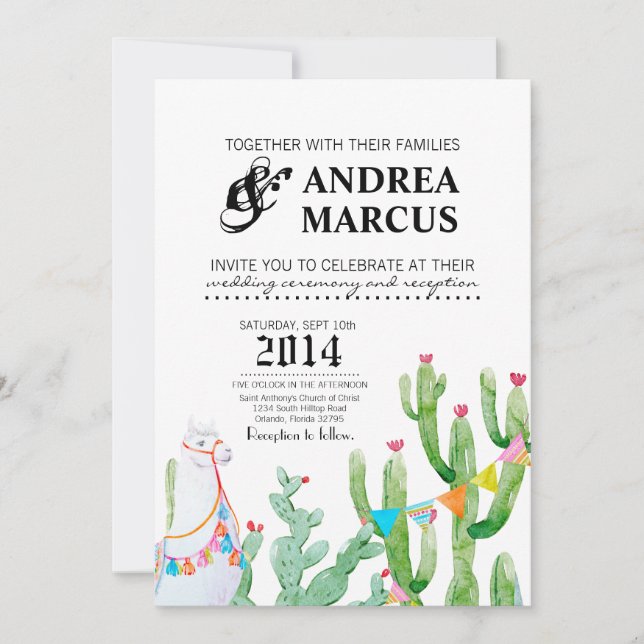 5x7 Wedding Invitation Boho Llama Bohemian Cacti D (Front)
