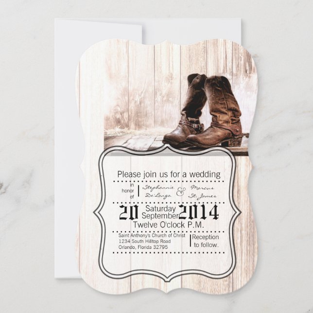 5x7 Wedding Invitation Boots Country Rustic Wester (Front)