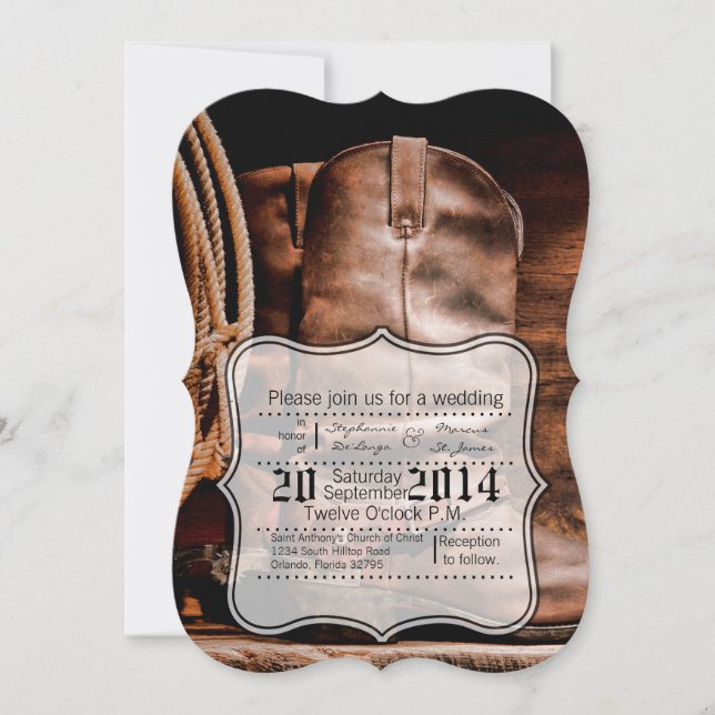 5x7 Wedding Invitation Cowboy Boots Barn Wood Rust (Front)