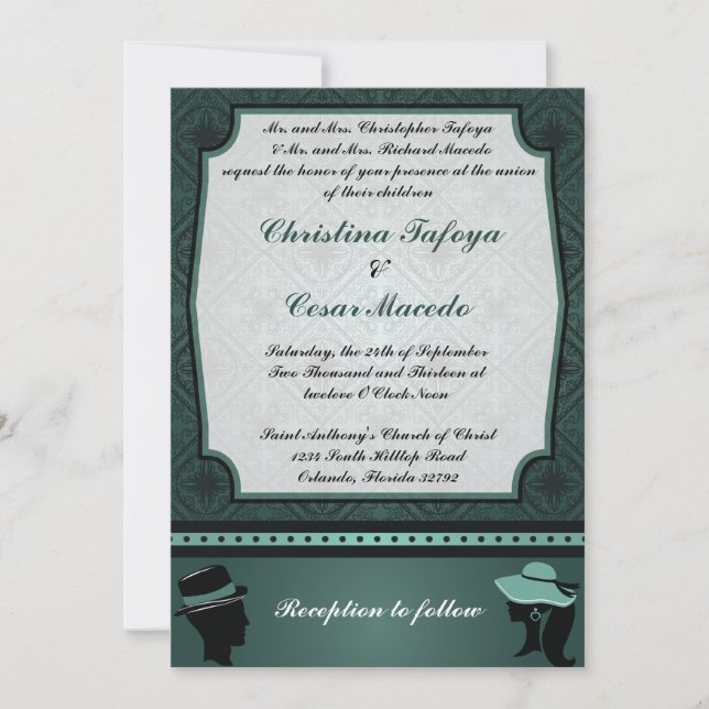 5x7 Wedding Invitation Damask Teal Couple (Front)