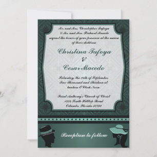 5x7 Wedding Invitation Damask Teal Couple