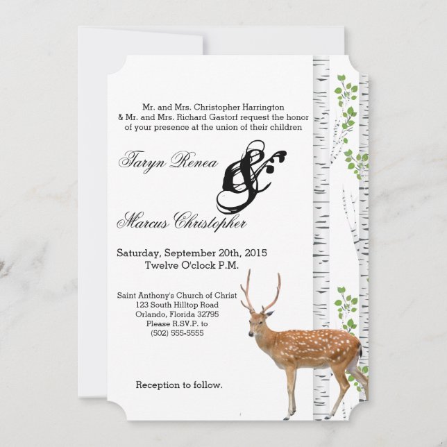 5x7 Wedding Invitation Deer Doe Buck Woodland Hunt (Front)
