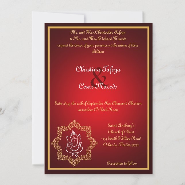 5x7 Wedding Invitation Lord Ganesha/Hindu Red Spi (Front)