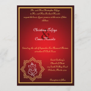 5x7 Wedding Invitation Lord Ganesha/Hindu Red Spi