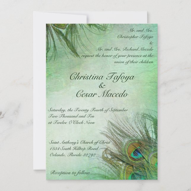 5x7 Wedding Invitation Peacock Green Feathers (Front)