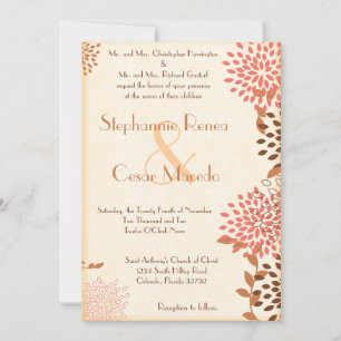 5x7 Wedding Invitation Pink Brown Fall Flowers