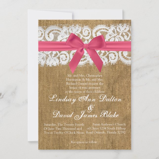 5x7 Wedding Invitation Pink Burlap Lace (Front)