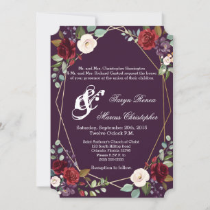 5x7 Wedding Invitation Plum Purple Roses Gold Geom