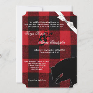 5x7 Wedding Invitation Red Buffalo Plaid Bear