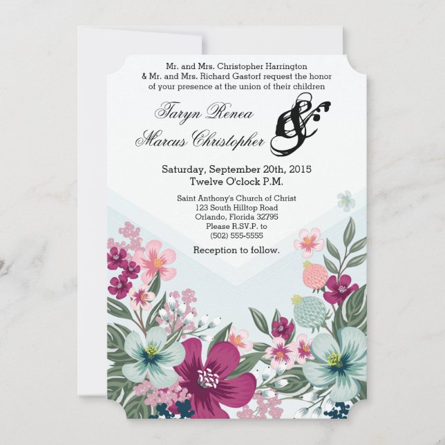 5x7 Wedding Invitation Tropical Flowers on Blue Om (Front)
