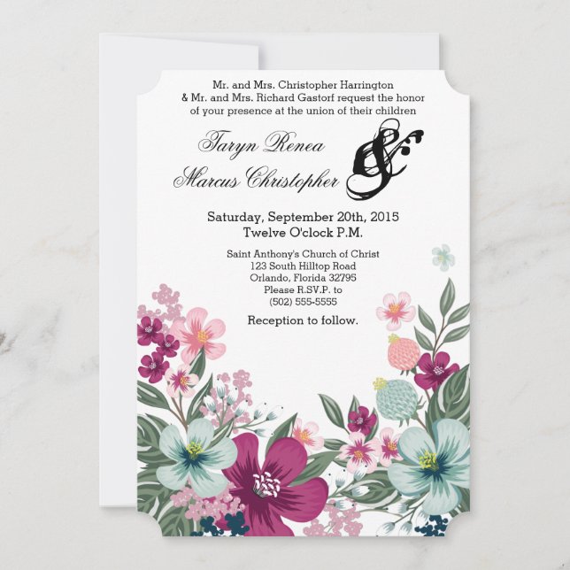 5x7 Wedding Invitation Tropical Flowers on White (Front)