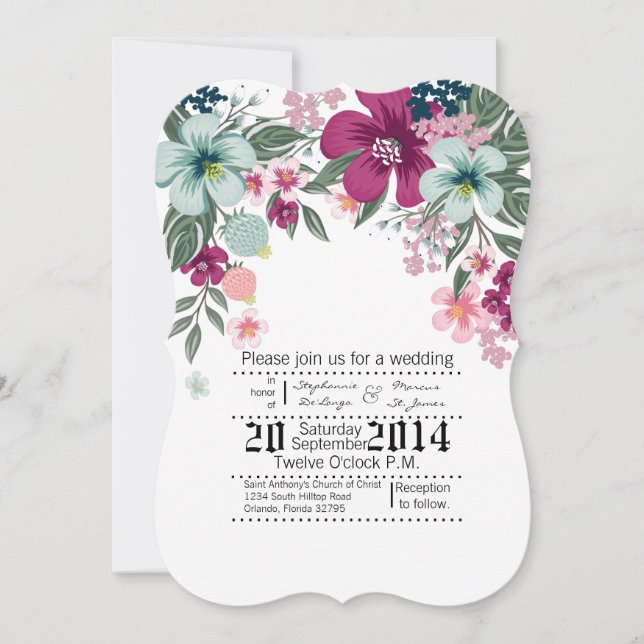 5x7 Wedding Invitation Tropical Flowers on White (Front)