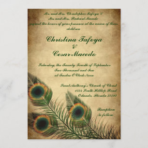 5x7 Wedding Invitation Vintage Peacock Feathers