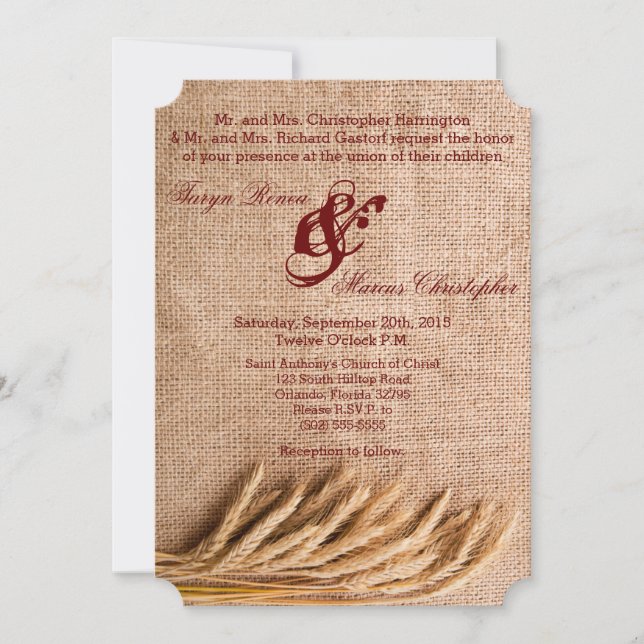 5x7 Wedding Invitation Wheat on Burlap Sack Countr (Front)