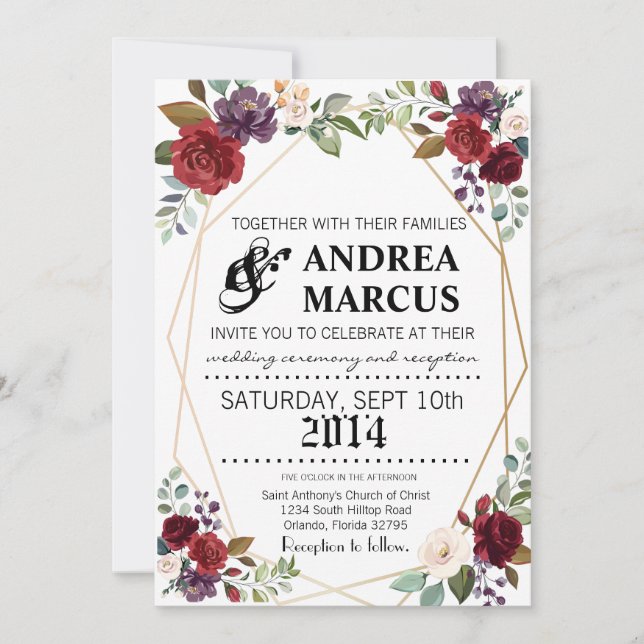 5x7 Wedding Invitation White Roses Gold Geometric (Front)