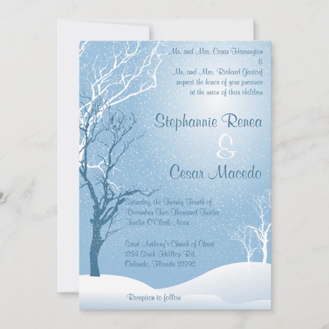 5x7 Wedding Invitation Winter Blue Snow Tree (Front)