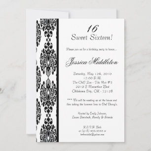 5x7 White Damask Birthday Party Invitation