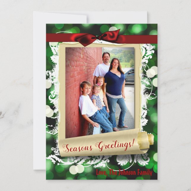 5x7 XMAS Christmas Green Bokeh Lights PHOTO Card (Front)