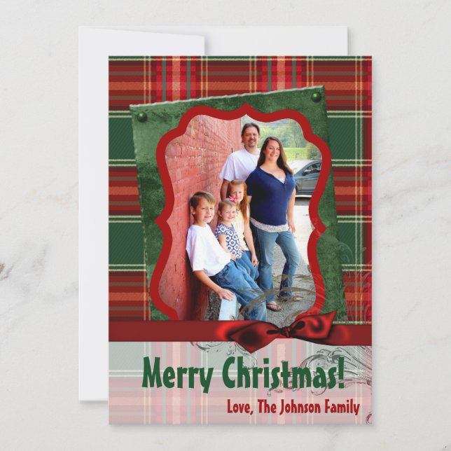 5x7 XMAS Christmas Plaid Red Fabric PHOTO Card (Front)