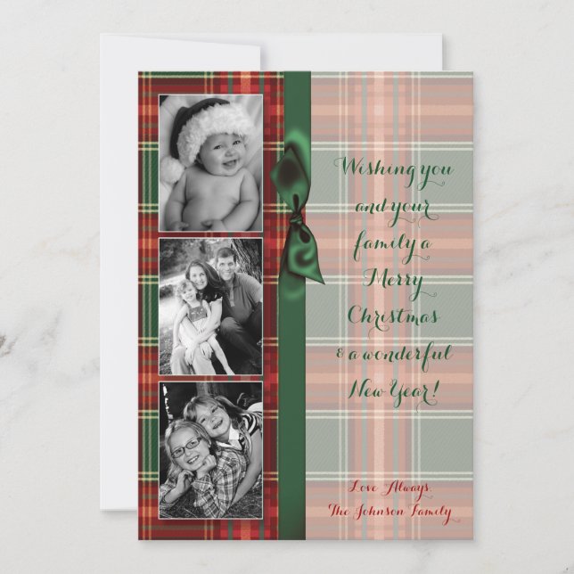 5x7 XMAS Christmas Red Plaid Fabric PHOTO Card (Front)