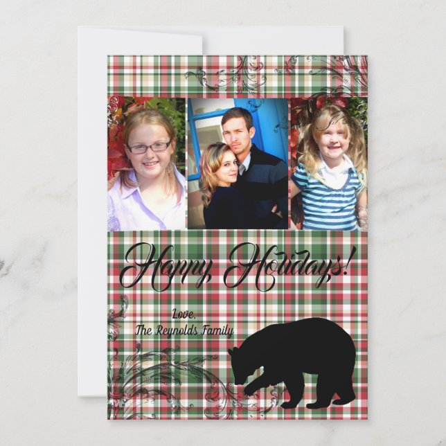 5x7 XMAS Red Christmas Plaid Bear Fabri PHOTO Card (Front)