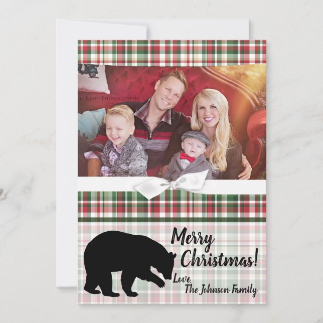 5x7 XMAS Red Christmas Plaid Bear PHOTO Card (Front)