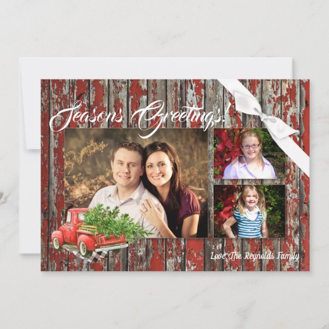 5x7 XMAS Red Christmas Truck Tree Wood PHOTO Card (Front)