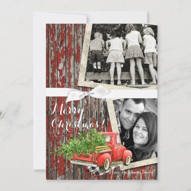 5x7  XMAS Red Christmas Truck Tree Wood PHOTO Card (Front)