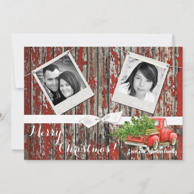 5x7 XMAS Red Christmas Truck Tree Wood PHOTO Card (Front)