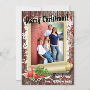 5x7 XMAS Red Christmas Truck Tree Wood PHOTO Card