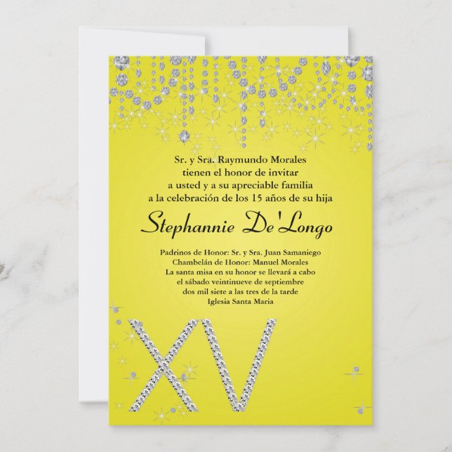 5x7 Yellow Diamond Quinceanera Birthday Invitation (Front)