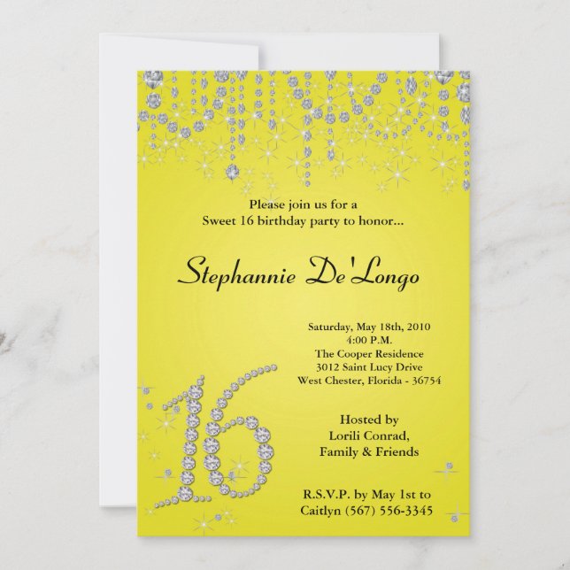 5x7 Yellow Diamond Sweet 16 Birthday Invitation (Front)