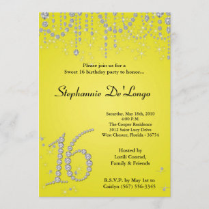 5x7 Yellow Diamond Sweet 16 Birthday Invitation