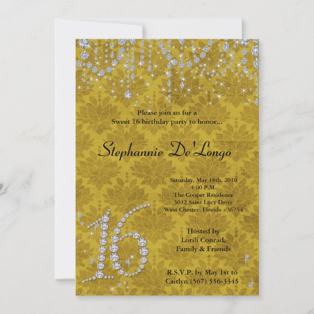 5x7 Yellow Diamond Sweet 16 Birthday Invitation (Front)