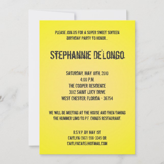 5x7 Yellow DJ Turntable 16 Birthday Invitation (Front)
