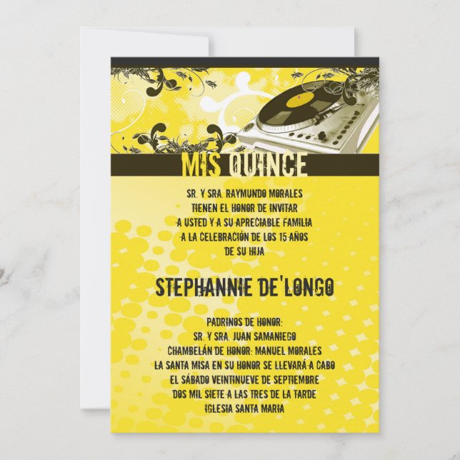 5x7 Yellow DJ Turntable Quinceanera Invitation (Front)