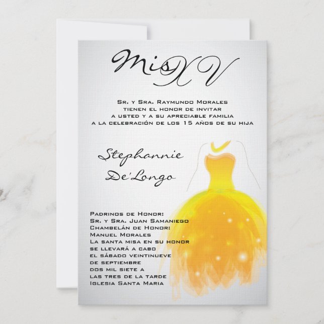 5x7 Yellow Dress Quinceanera Birthday Invitation (Front)