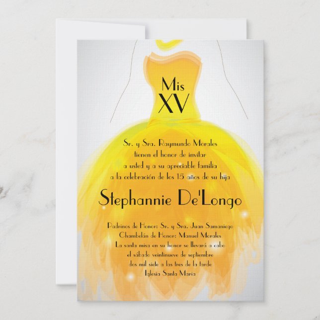 5x7 Yellow Dress Quinceanera Birthday Invitation (Front)