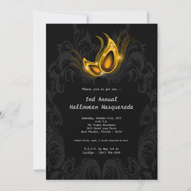 5x7 Yellow Masquerade Halloween Costume Invitation (Front)