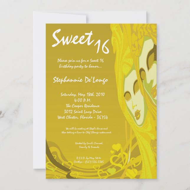 5x7 Yellow Masquerade Sweet 16 Birthday Invitation (Front)