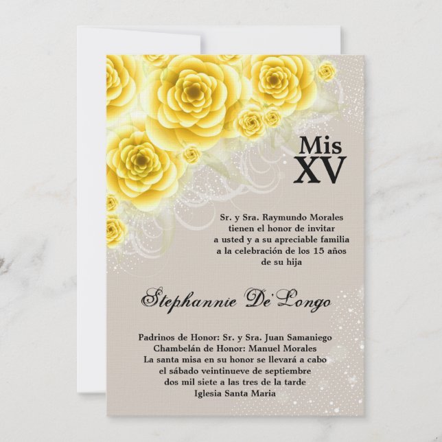 5x7 Yellow Roses Quinceanera Birthday Invitation (Front)
