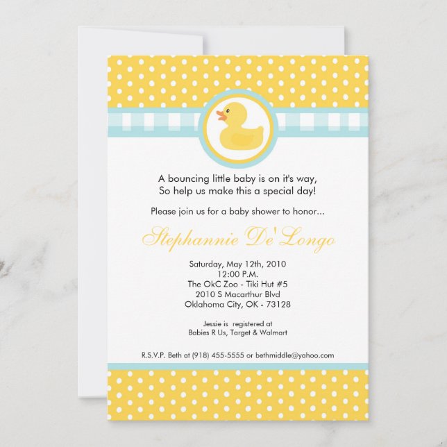 5x7 Yellow Rubber Ducky Baby Shower Invitation (Front)