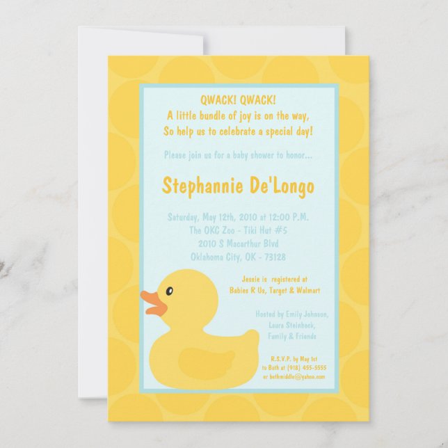 5x7 Yellow Rubber Ducky Duc Baby Shower Invitation (Front)