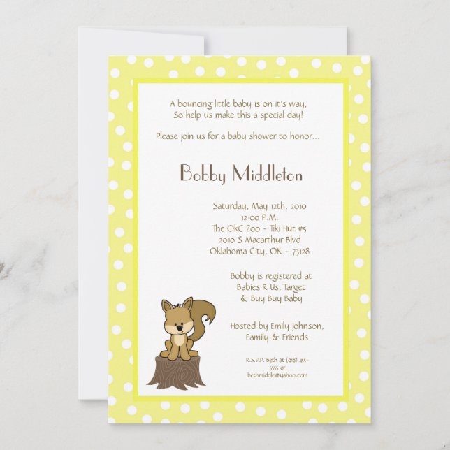 5x7 Yellow Woodland Squirel Baby Shower Invitation (Front)