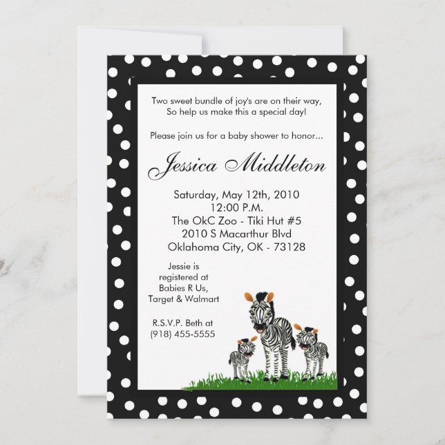 5x7 Zebra Mama TWIN Baby Baby Shower Invitation (Front)