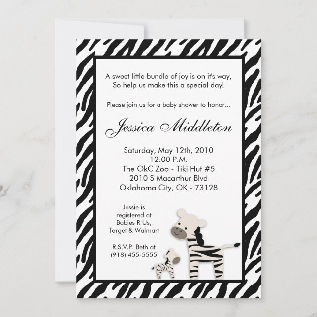 5x7 Zebra Momma and Baby Baby Shower Invitation (Front)