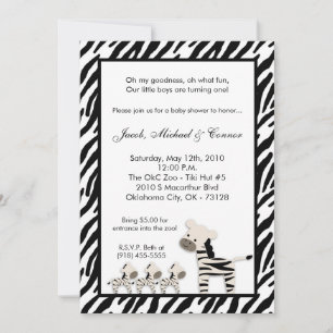 5x7 Zebra TRIPLETS Baby Birthday Party Invitation