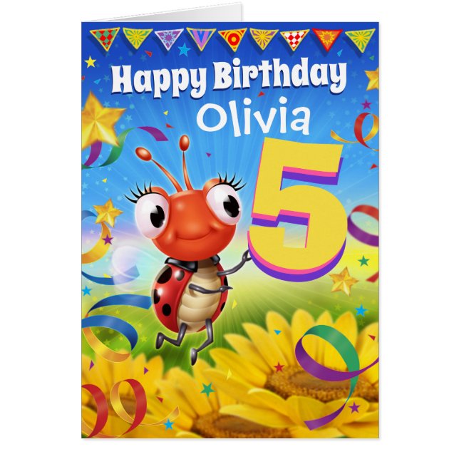 5yrs Custom birthday card Little Ladybug range (Front)